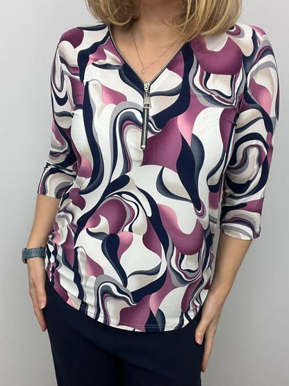 Ilona Navy and Pink Print Zip top with 3/4 sleeve Zip26 2