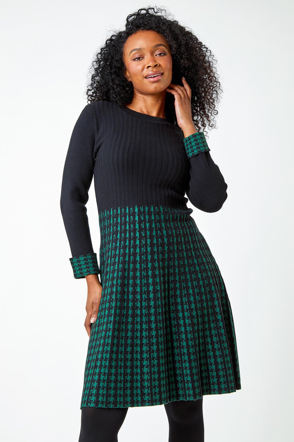 Black and Green Knit knee lemgth dress with cuff detail