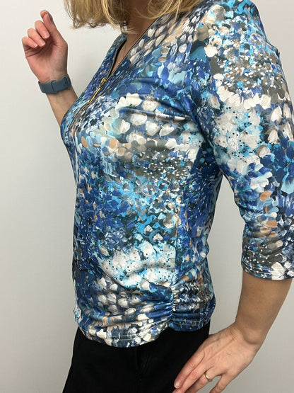 Ilona Blue print Zip top with 3/4 sleeve Zip26 3