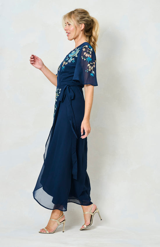 Hope and Ivy Catriona Embroidered Flutter Sleeve Maxi Wrap Dress with Tie Waist