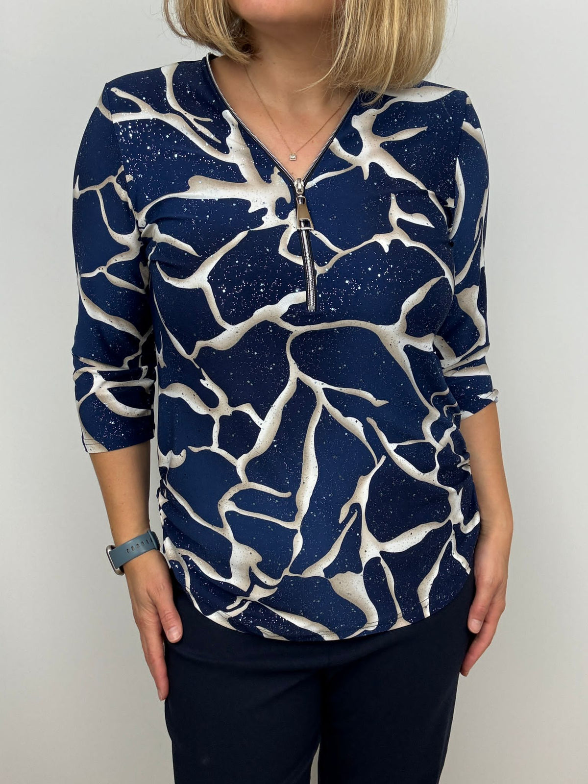 Ilona 3/4 sleeve zip top in Blue with Gold Shimmer Zipaw 4