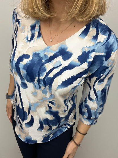 Ilona V Neck Top in Blue Print