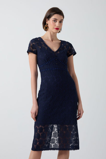 Navy Lace Knee Length Dress