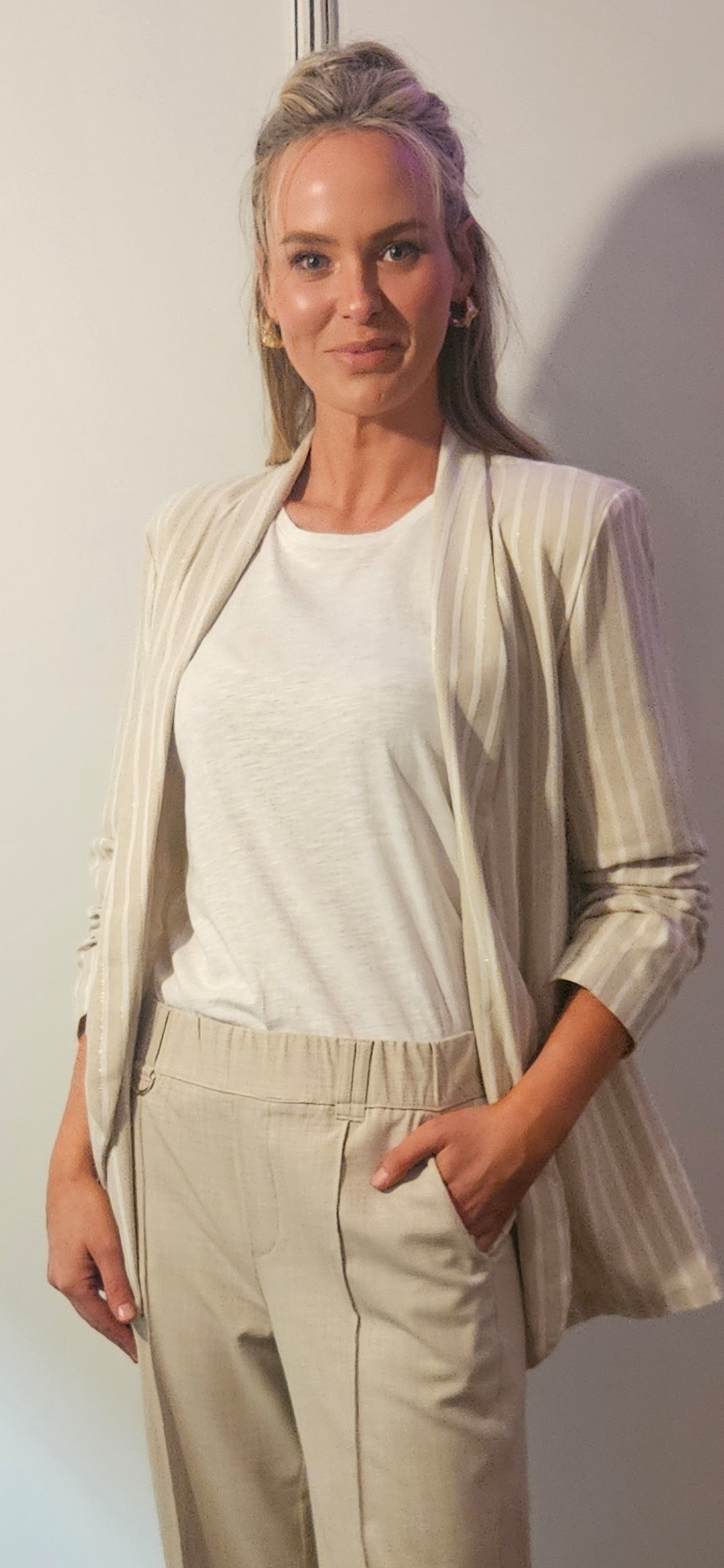 Linen Mix cream and beige pinstripe with subtle gold thread