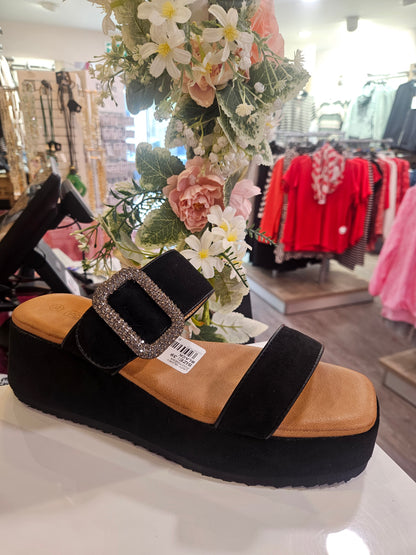 Slip on Faux Suede Sandal with Diamante Buckle Black