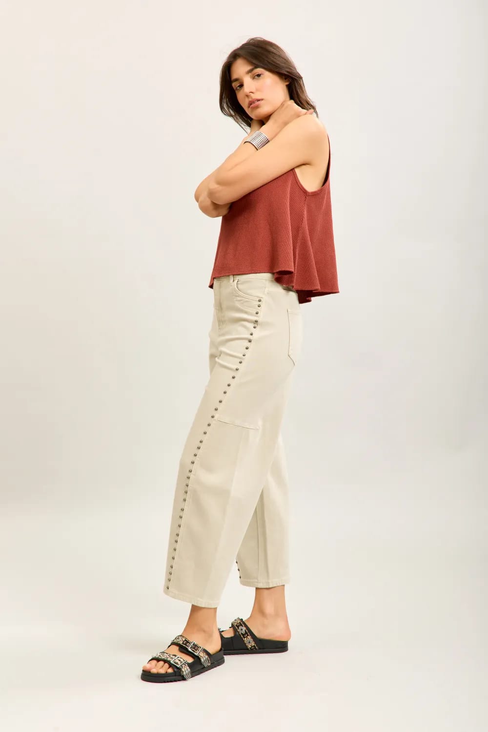 Toxic Barrel Jean with Stud Detail in Beige