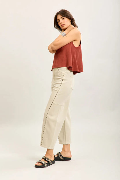 Toxic Barrel Jean with Stud Detail in Beige