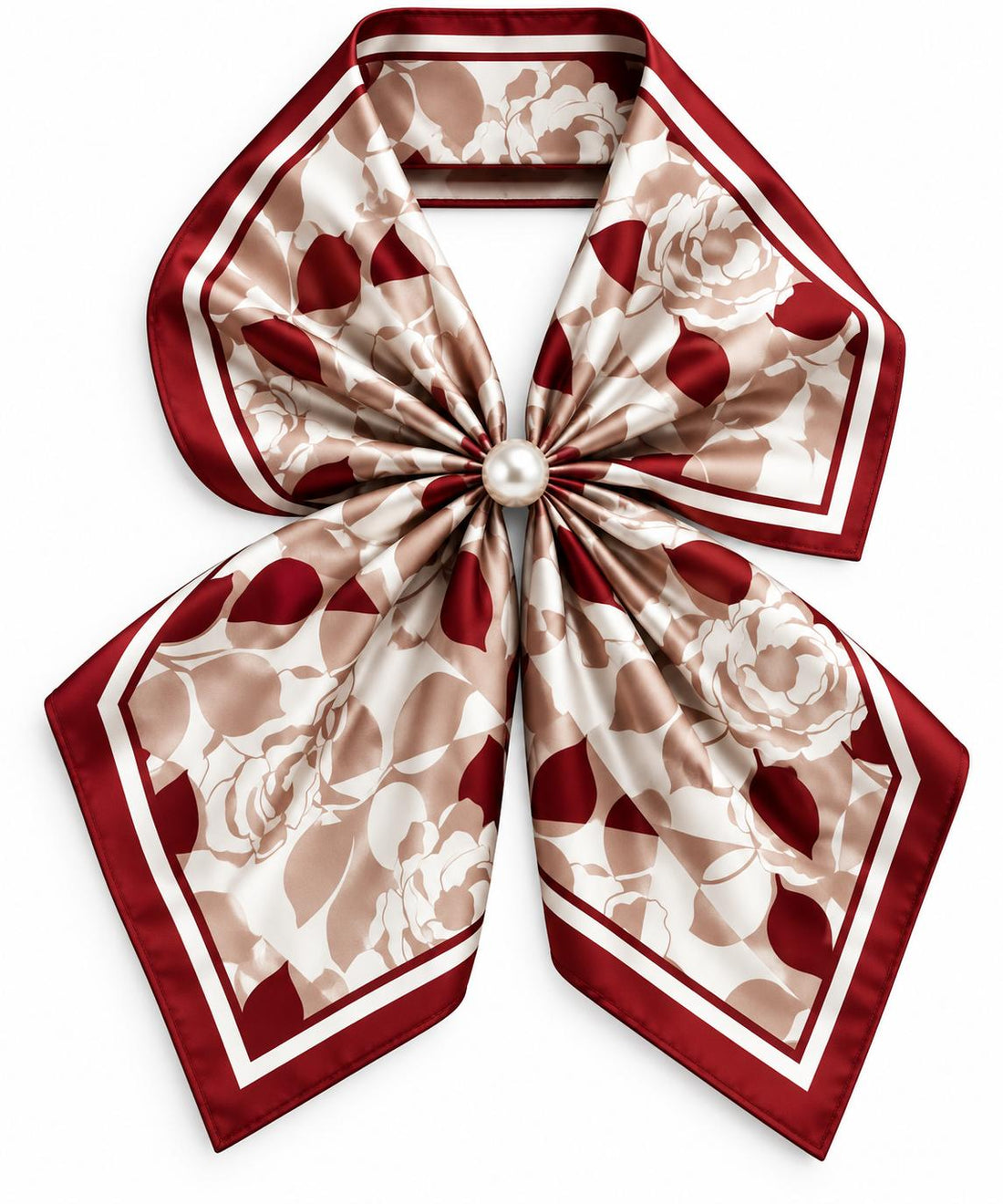Silk Blend Scarf with Adjustable Pearl Clasp – Burgundy Floral