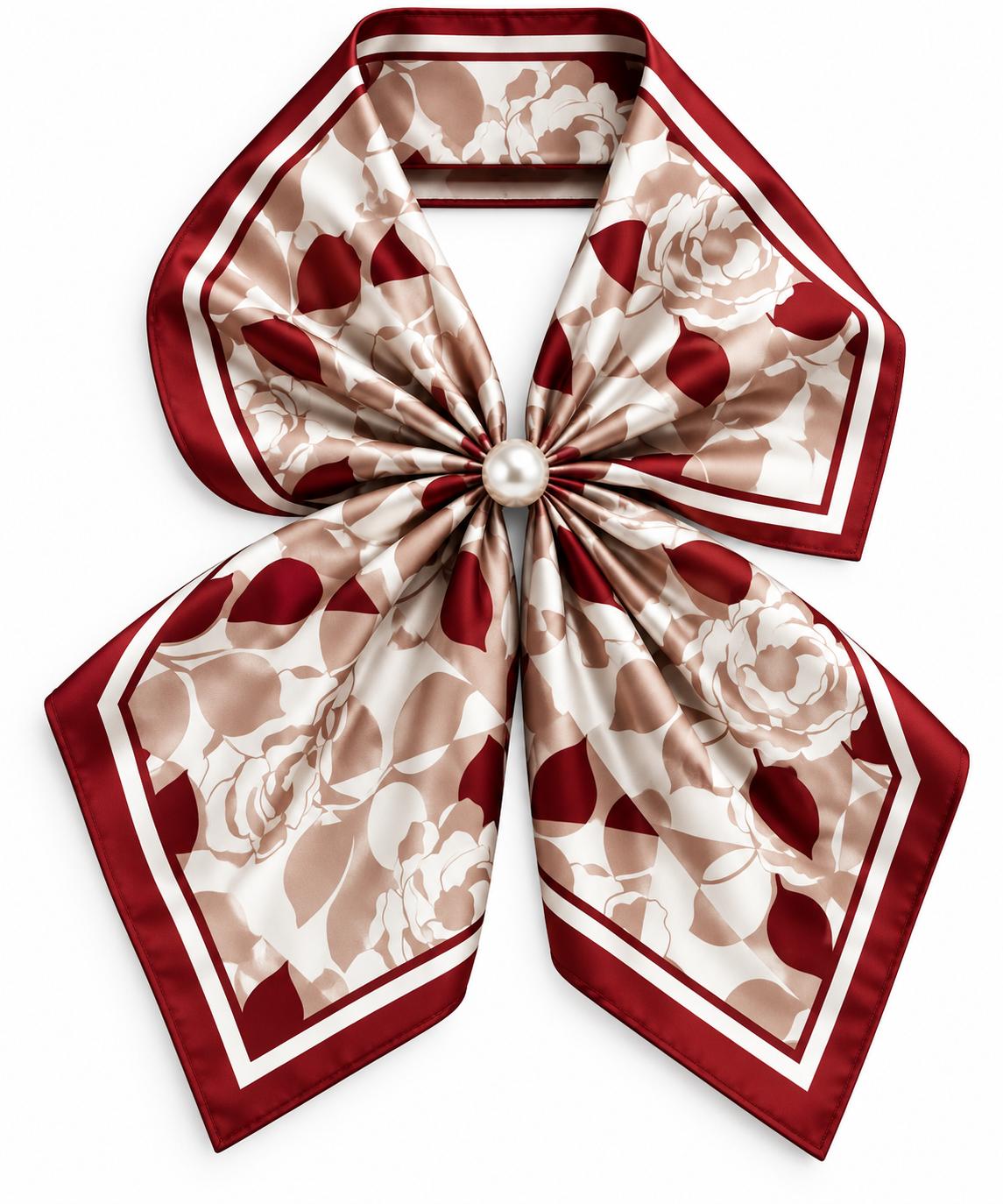 Silk Blend Scarf with Adjustable Pearl Clasp – Burgundy Floral