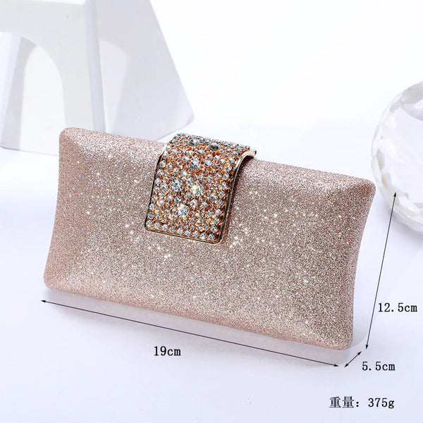 Rose Gold Glitter clutch bag with Dianamte encrusted clasp