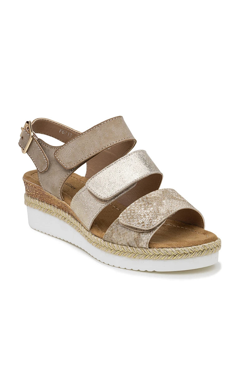 Featherlight triple velcro strap sandal in Beige/gold