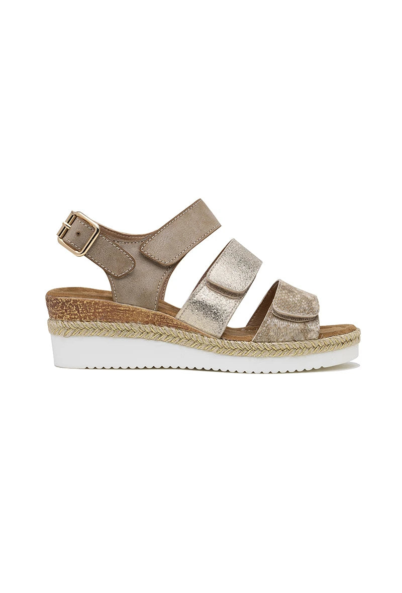 Featherlight triple velcro strap sandal in Beige/gold