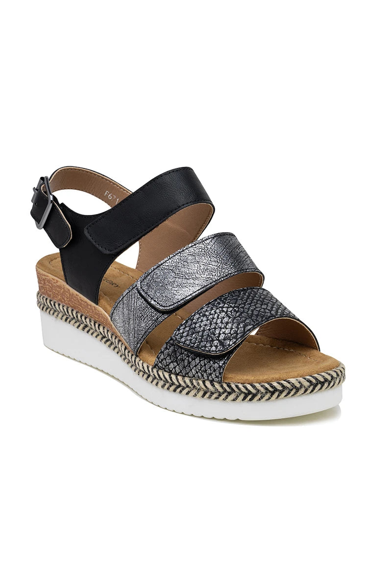 Featherlight triple Velcro strap low wedge sandal in Black