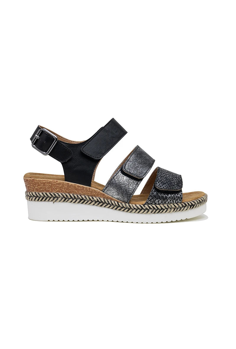 Featherlight triple Velcro strap low wedge sandal in Black