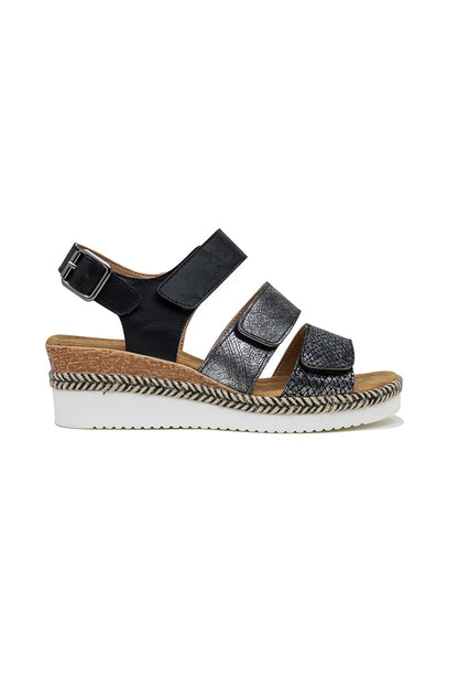 Featherlight triple Velcro strap low wedge sandal in Black