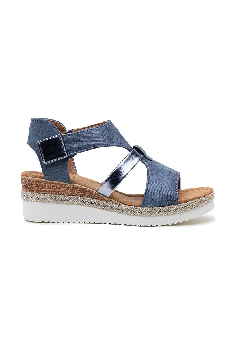 Featherlight velcro strap low wedge sandal in denim Blue