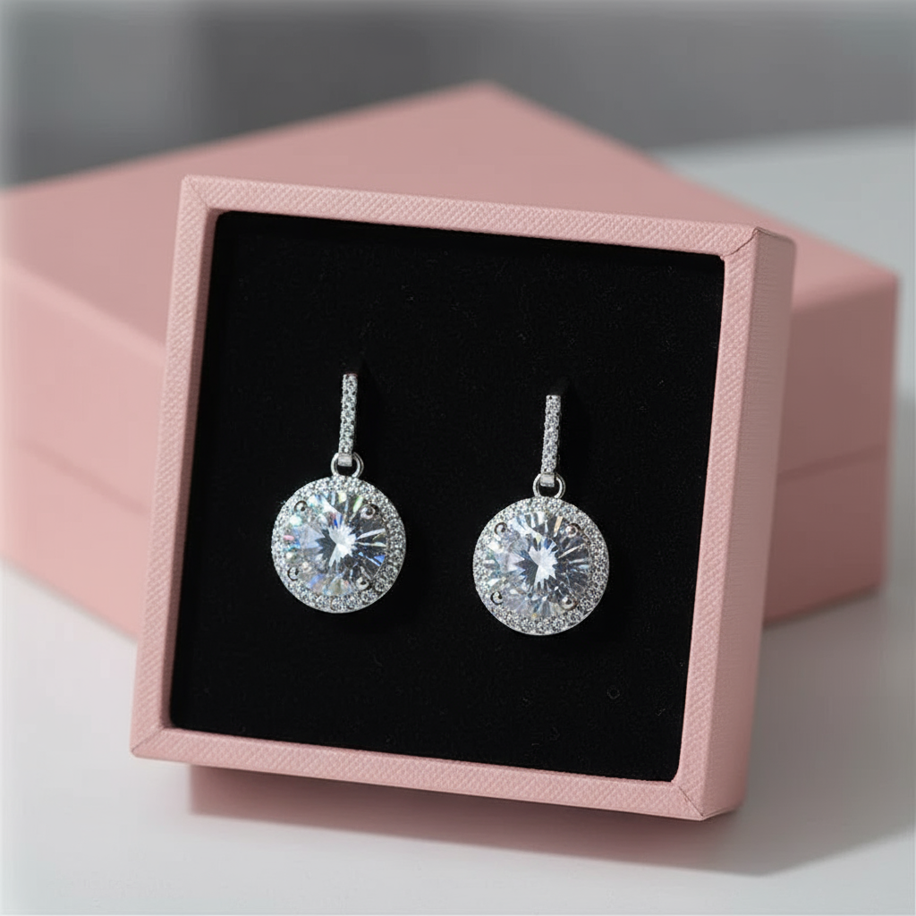 Silver crystal earrings in pink box