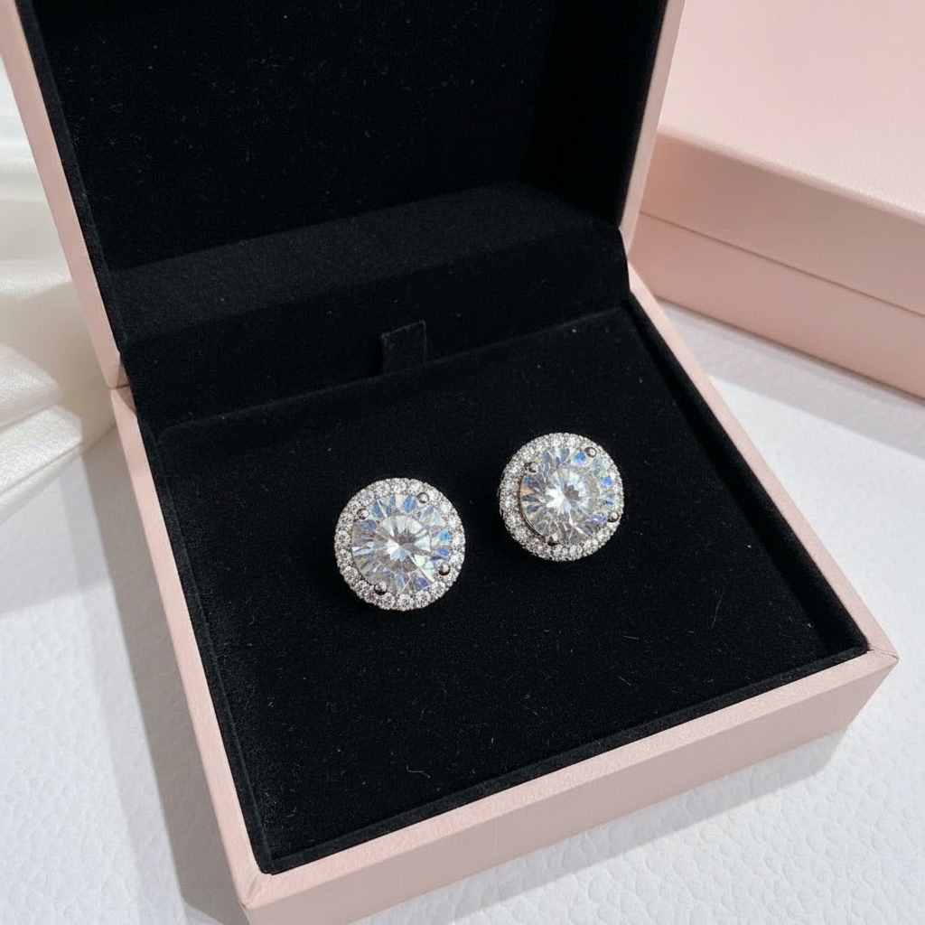 Silver halo stud earrings in pink gift box