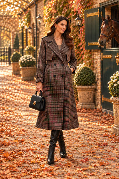 Single brunette model wearing the darker checked Bromley coat