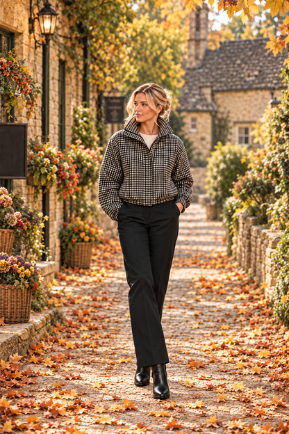 Single model wearing the black and cream checked jacket