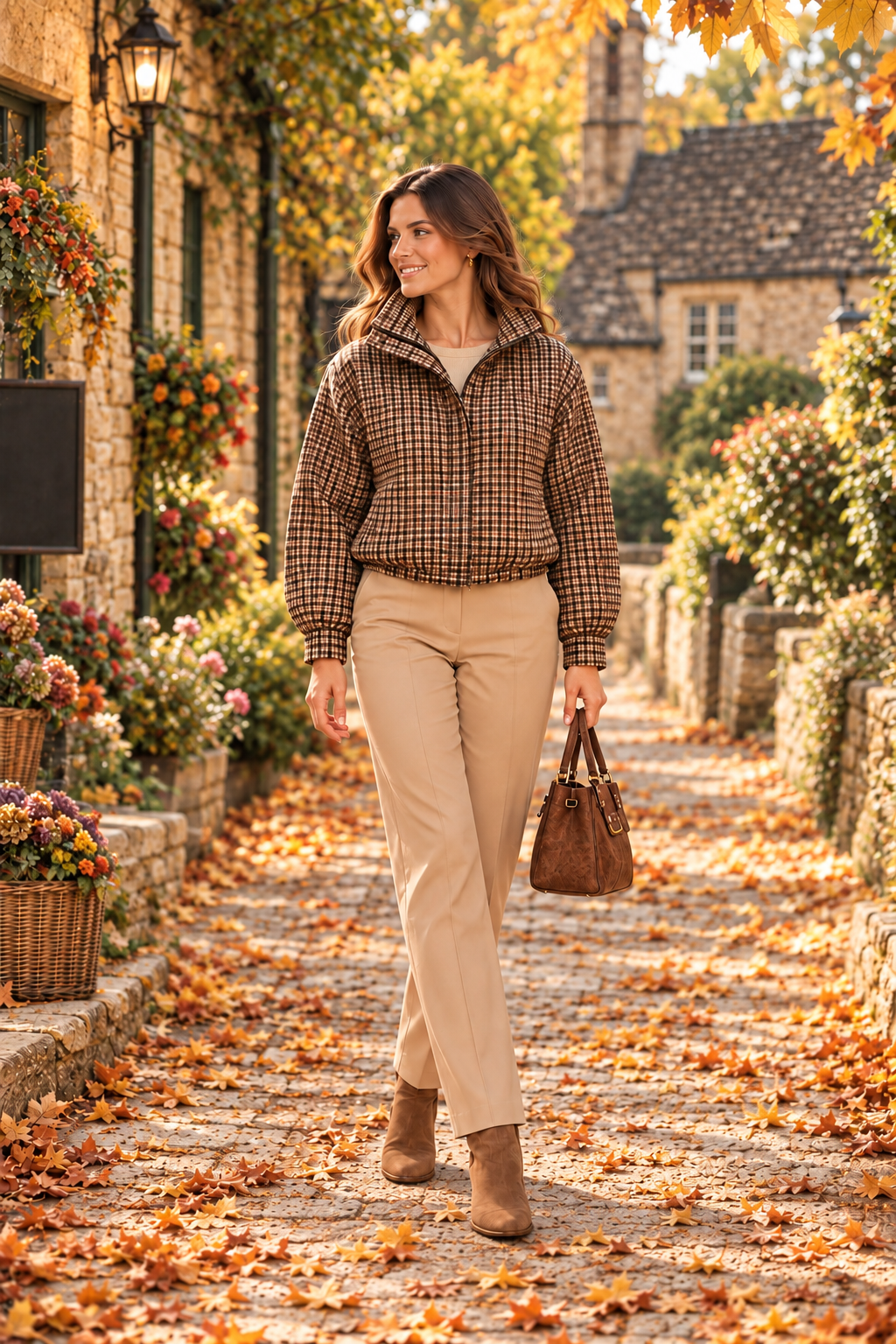 Single model wearing the brown checked jacket