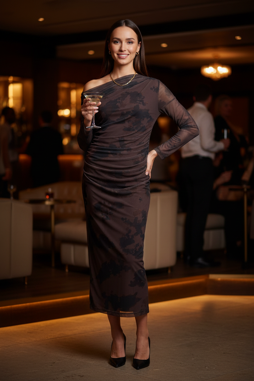 Smiling model wearing the mesh overlay dress at a social event
