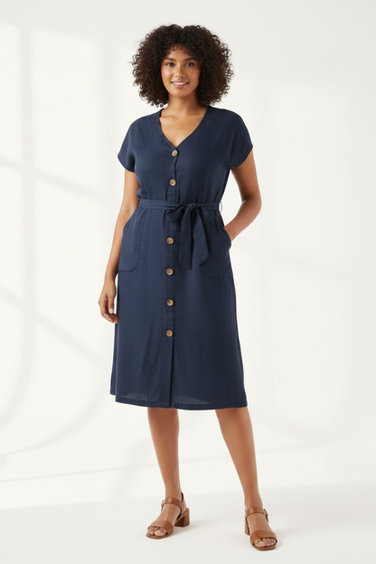 Stella Morgan Linen Blend Dress Navy on Curvy Model
