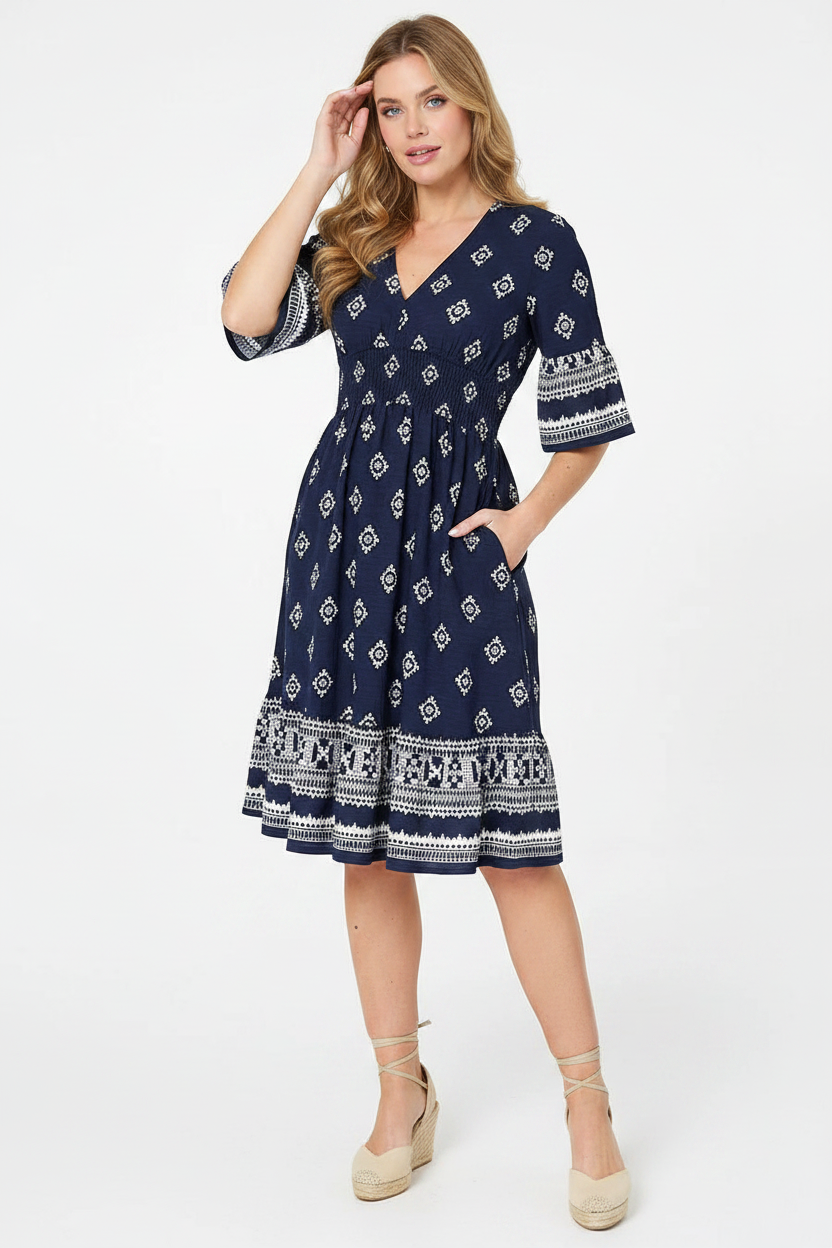 Stella Morgan Navy Border Print Dress Studio