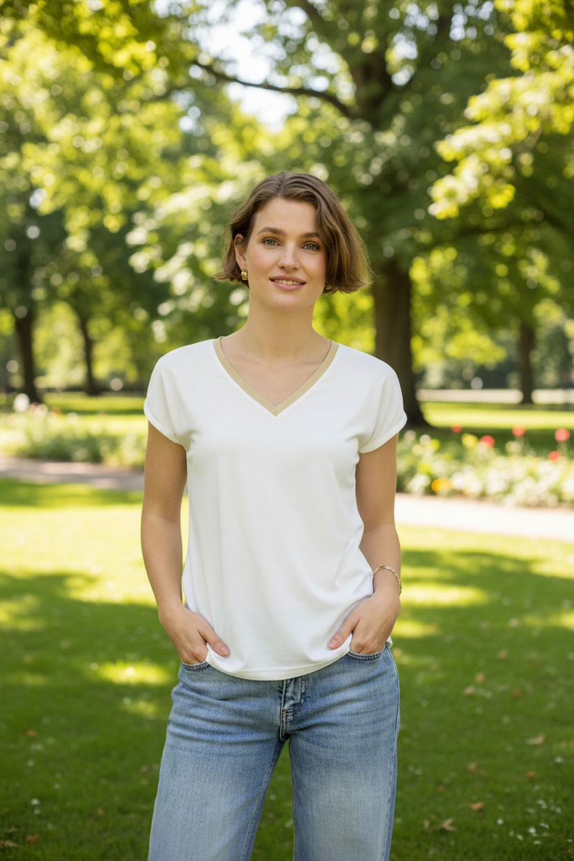 Summer lifestyle image of white V-neck t-shirt