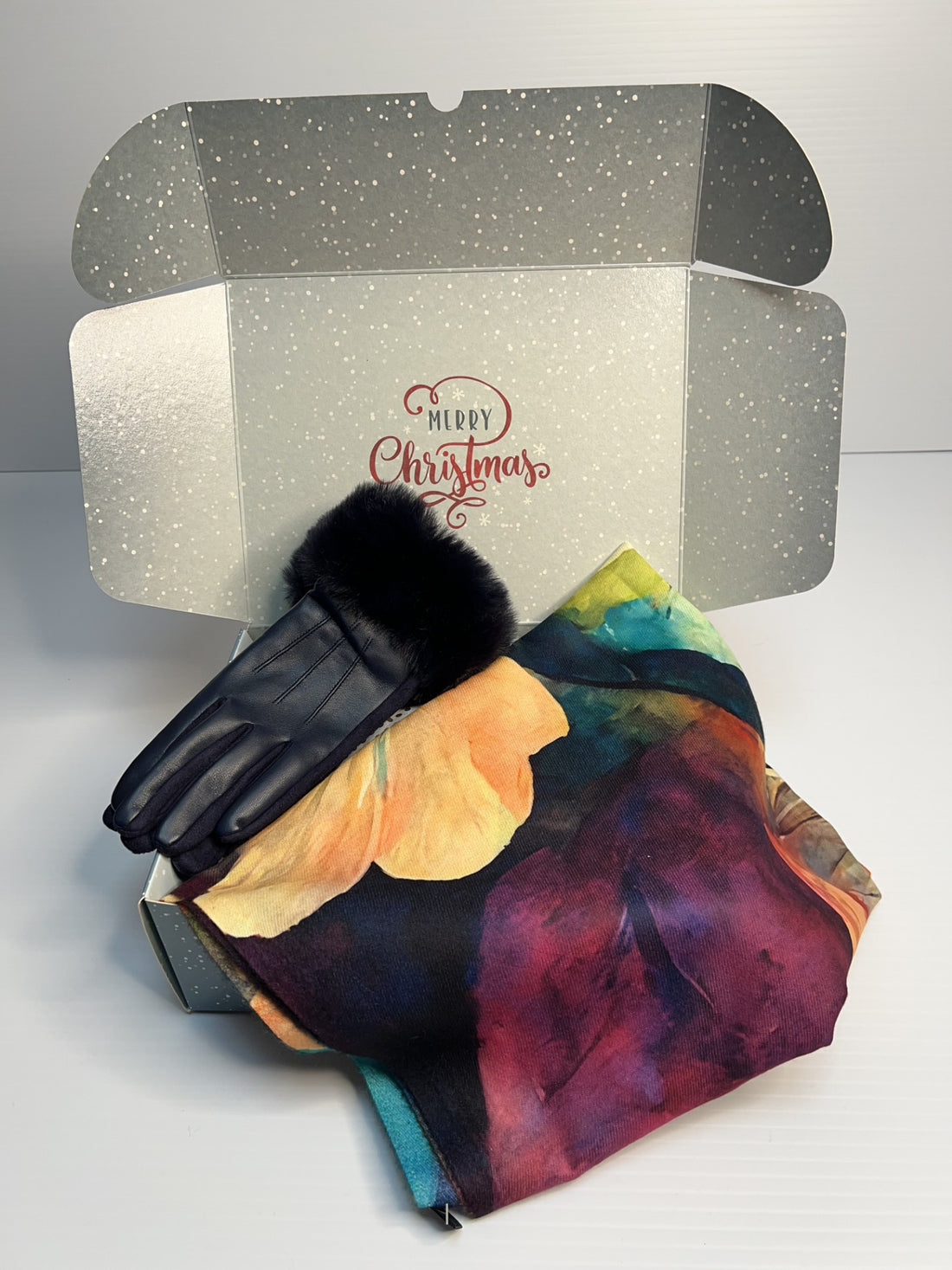 Winter Warm Gift Box - Navy Faux Leather Gloves and watercolour scarf