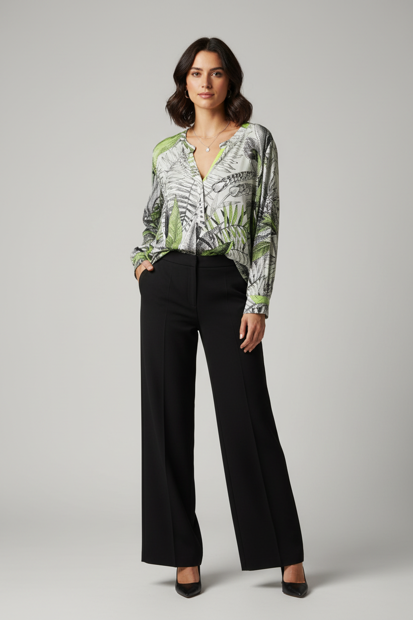 Tropical Blouse over Black Trousers - Untucked