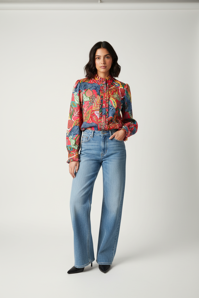 Tropical print blouse styled with wide leg jeans
