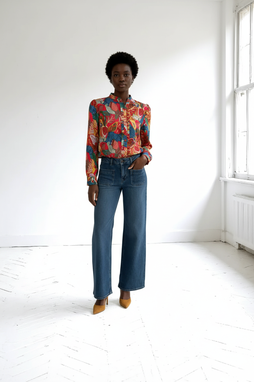 Tropical print blouse with wide leg jeans - enhanced lighting