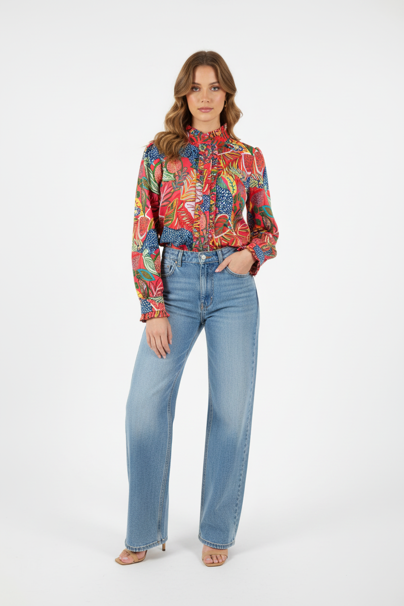 Tropical print blouse with wide leg jeans