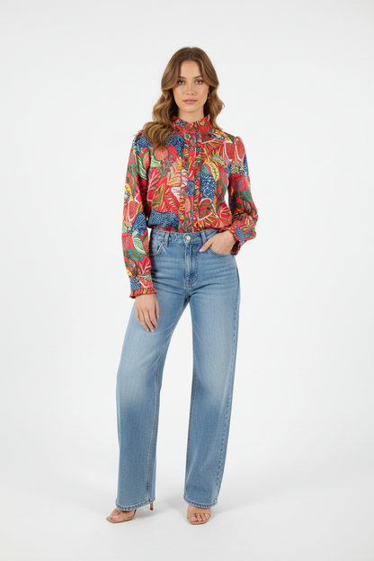 Tropical print blouse with wide leg jeans