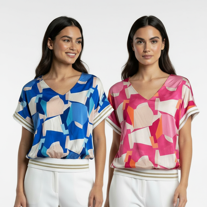 Two Women - Blue and Pink V-Neck Print Top - Square