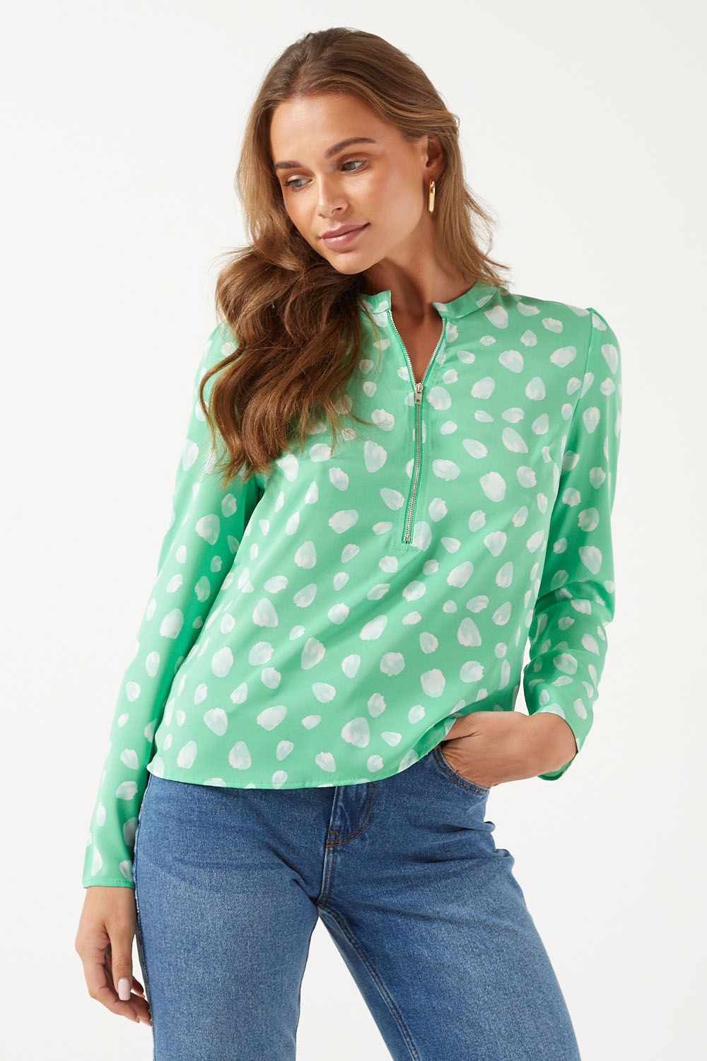 Polly Zip front blouse in Green Print