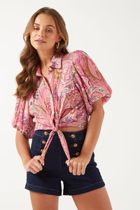 Puff Sleeve Shirt in Pink Paisley Print
