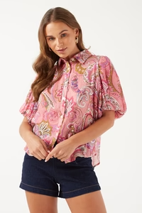 Puff Sleeve Shirt in Pink Paisley Print