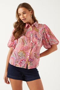 Puff Sleeve Shirt in Pink Paisley Print