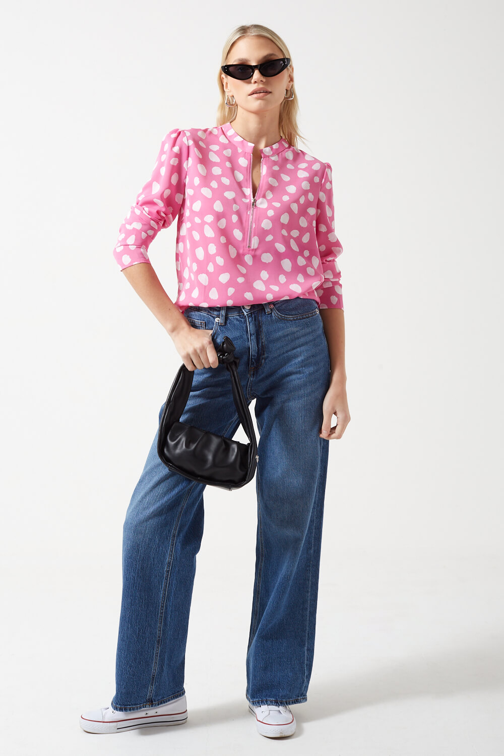 Polly Zip front blouse in Pink Print