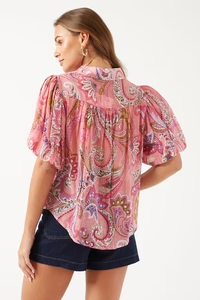 Puff Sleeve Shirt in Pink Paisley Print