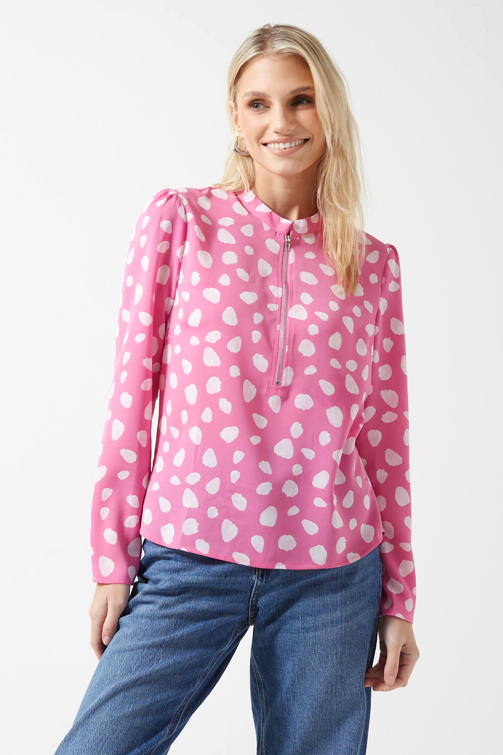 Polly Zip front blouse in Pink Print