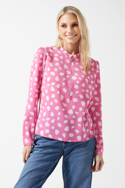 Polly Zip front blouse in Pink Print
