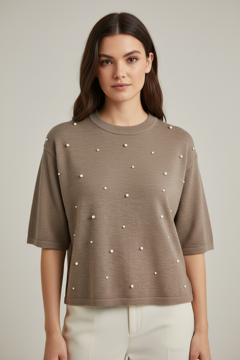 Upper-body model shot of the pearl embellished knit in the reference colour