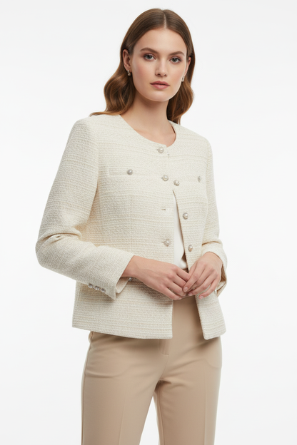 Upper body shot of model wearing tweed jacket