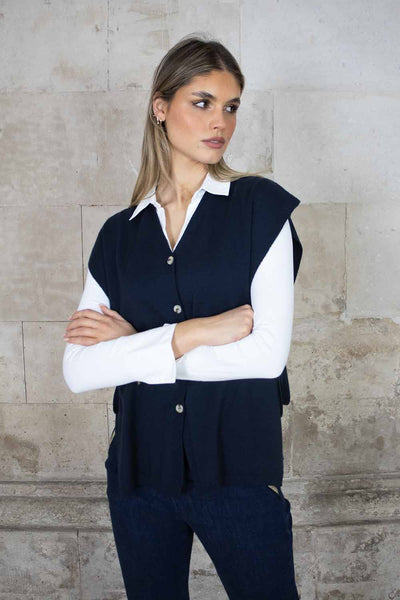 No2morrow Vartry Button up Knit Gilet Navy  Kw022