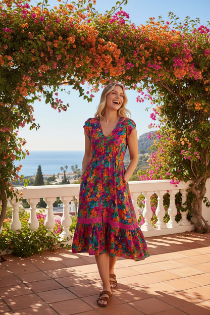 Vibrant Floral Midi Dress Lifestyle