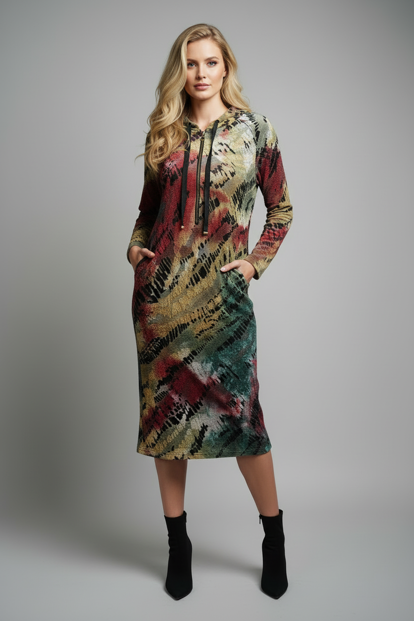 White model wearing full-length dress with pocket detail