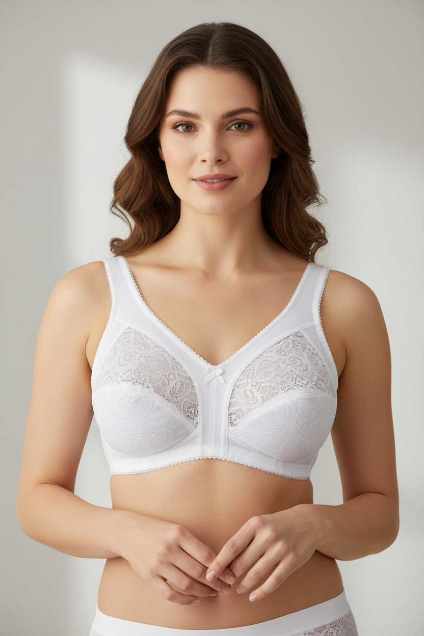 White supportive bra on model